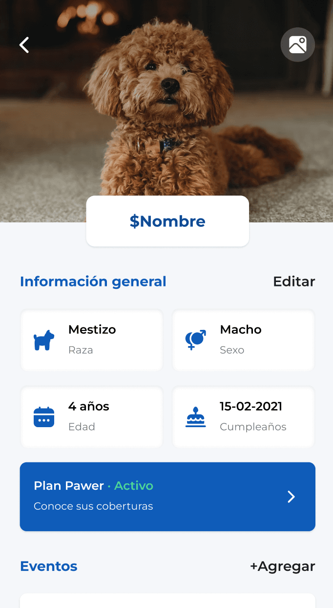 Perfil de una mascota en la app Pawer con el plan activo